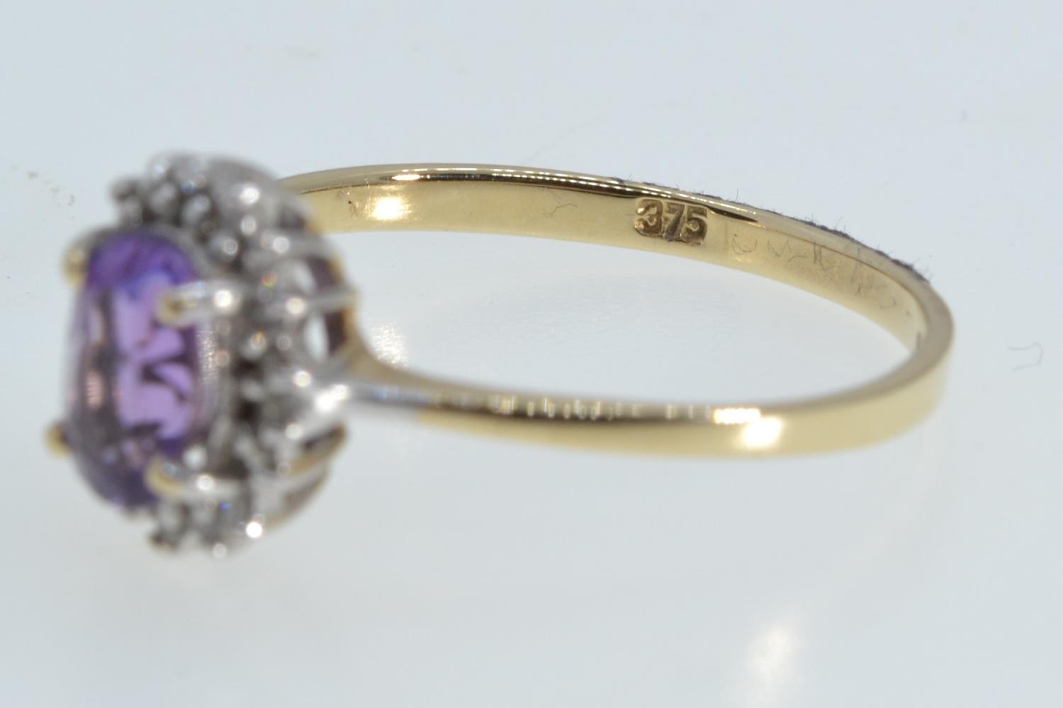 9ct gold, amethyst & diamond cluster ring, size P1/2, 1.7 grams  - Image 3 of 3