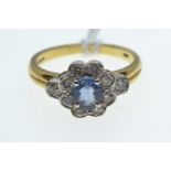 18ct gold, blue topaz & diamond cluster ring, size K1/2, 4 grams