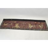 Antique Chinese silk embroidered banner, plum ground depicting traditional dragons, approx 182cm x 5