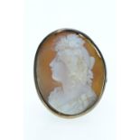 Yellow metal & cameo brooch, frame tests positive for 14ct gold, with non gold pin, length 30mm, gro