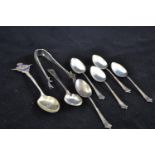 Part set of five silver coffee spoons, Civil Service Motoring Associated enamelled spoon, another sp