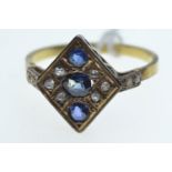 Art Deco sapphire & diamond ring, mount unmarked but tests positive for 18ct gold, size T, 3.55 gram