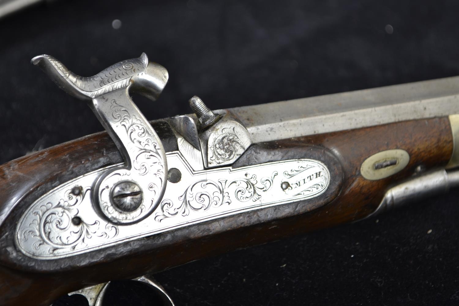 Pair of coaching type pistols, percussion cap, pepperbox butts marked Smith. In custom made case. Vi - Image 7 of 18