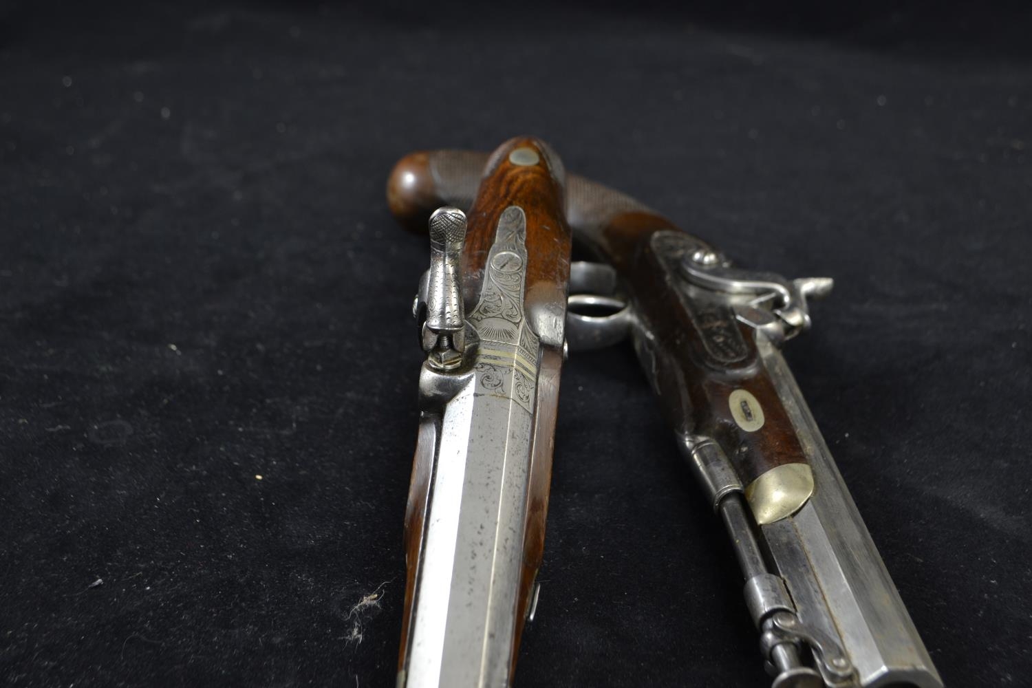 Pair of coaching type pistols, percussion cap, pepperbox butts marked Smith. In custom made case. Vi - Image 17 of 18