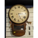Wall clock with brass inlay in case, with key & pendulum. clock face diameter 30cms, full ht 54 cms