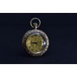 12ct gold cased ladies open faced fob watch, case no. 137672, with floral engraved case and face, ca