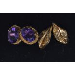 Two pairs of 9ct gold ear studs, one set with amethyst, the other designed as a leaf, gross weight 2