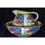 Clarice Cliff Sunrise pattern jug and wash bowl set circa 1929, hand-painted, Fantasque mark. Jug 18