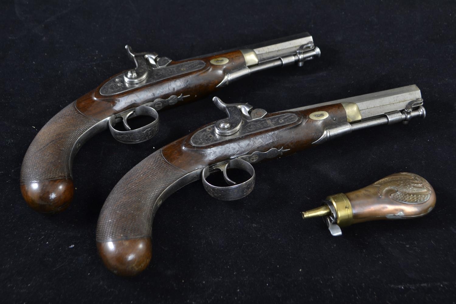Pair of coaching type pistols, percussion cap, pepperbox butts marked Smith. In custom made case. Vi - Image 2 of 18