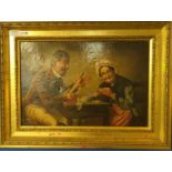 Oil on canvas of a happy couple winding wool, initialled lower right T(?)AS and dated 1902, in gilt