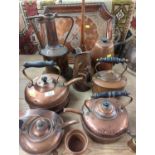 4 copper kettles, copper jug, copper coffee pot, Eastern water bottle, copper tray, four copper cups