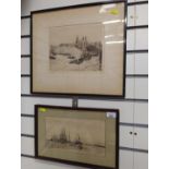 W L Wyllie, RA, (1851-1931) English School, signed dry point etching & print of Nautical scenes. Gla