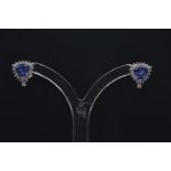 Pair of platinum, tanzanite & diamond cluster ear studs, with 14ct white gold butterflies, length 11