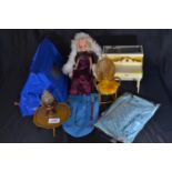 Sindy in evening dress and cape with kitchen, tent, rocking chair, arm chair, table, lamp.