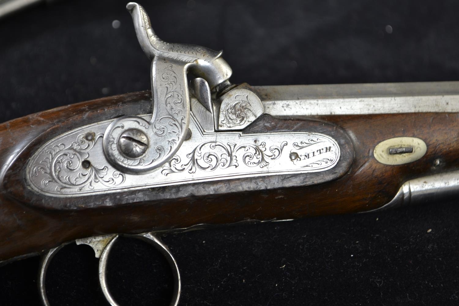 Pair of coaching type pistols, percussion cap, pepperbox butts marked Smith. In custom made case. Vi - Image 6 of 18