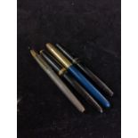 Four fountain pens, including Swan with 14ct gold nib, Parker silver cased with 14ct gold nib, Parke
