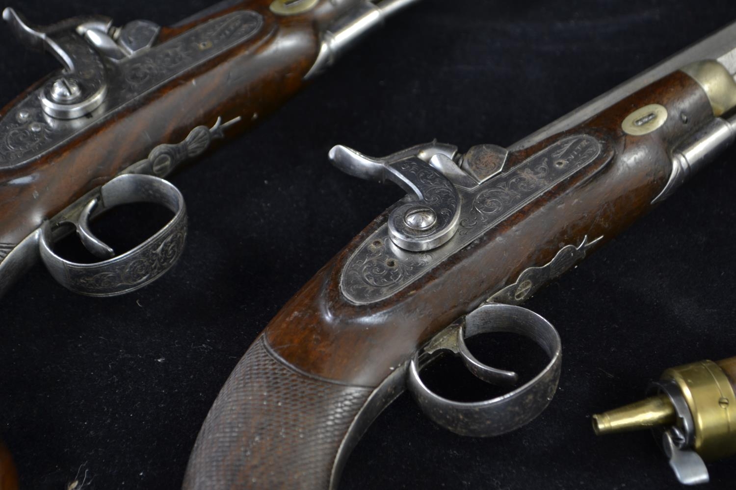 Pair of coaching type pistols, percussion cap, pepperbox butts marked Smith. In custom made case. Vi - Image 3 of 18