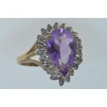 9ct gold, amethyst & diamond cluster ring, size P, 3.6 grams
