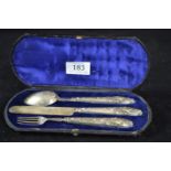 Boxed Victorian silver christening set, including fork, knife & spoon, maker RMEH, Sheffield 1869, g