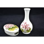 Moorcroft 'Geranium' pattern trinket box with small vase height 16cm, both imprinted to base