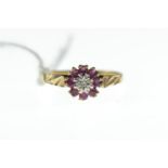 9ct gold ruby and diamond cluster ring, size L, gross weight 2 grams