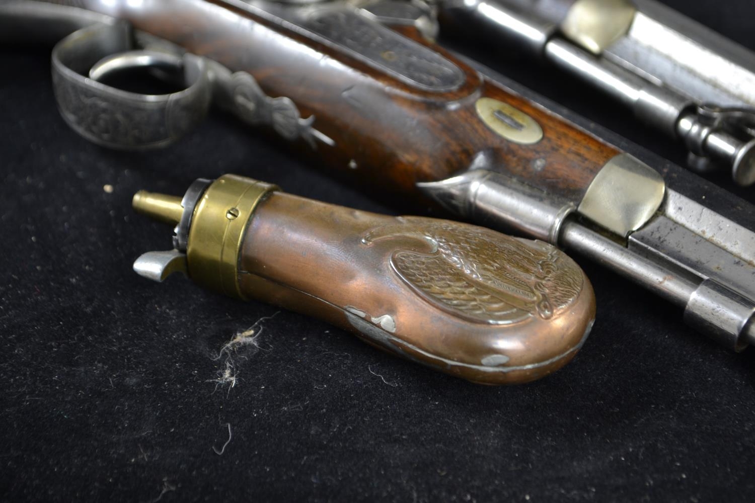 Pair of coaching type pistols, percussion cap, pepperbox butts marked Smith. In custom made case. Vi - Image 15 of 18