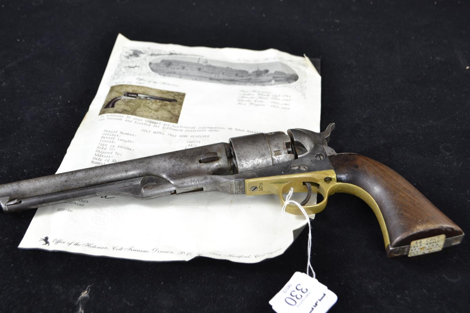 6 shot .44" Colt Model 1860 army percussion revolver, serial number 140775 on all parts. Originally 