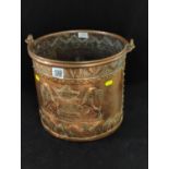 Large copper log bucket, embossed with crest 'Anno 1653', dia 33.5 x H32cm