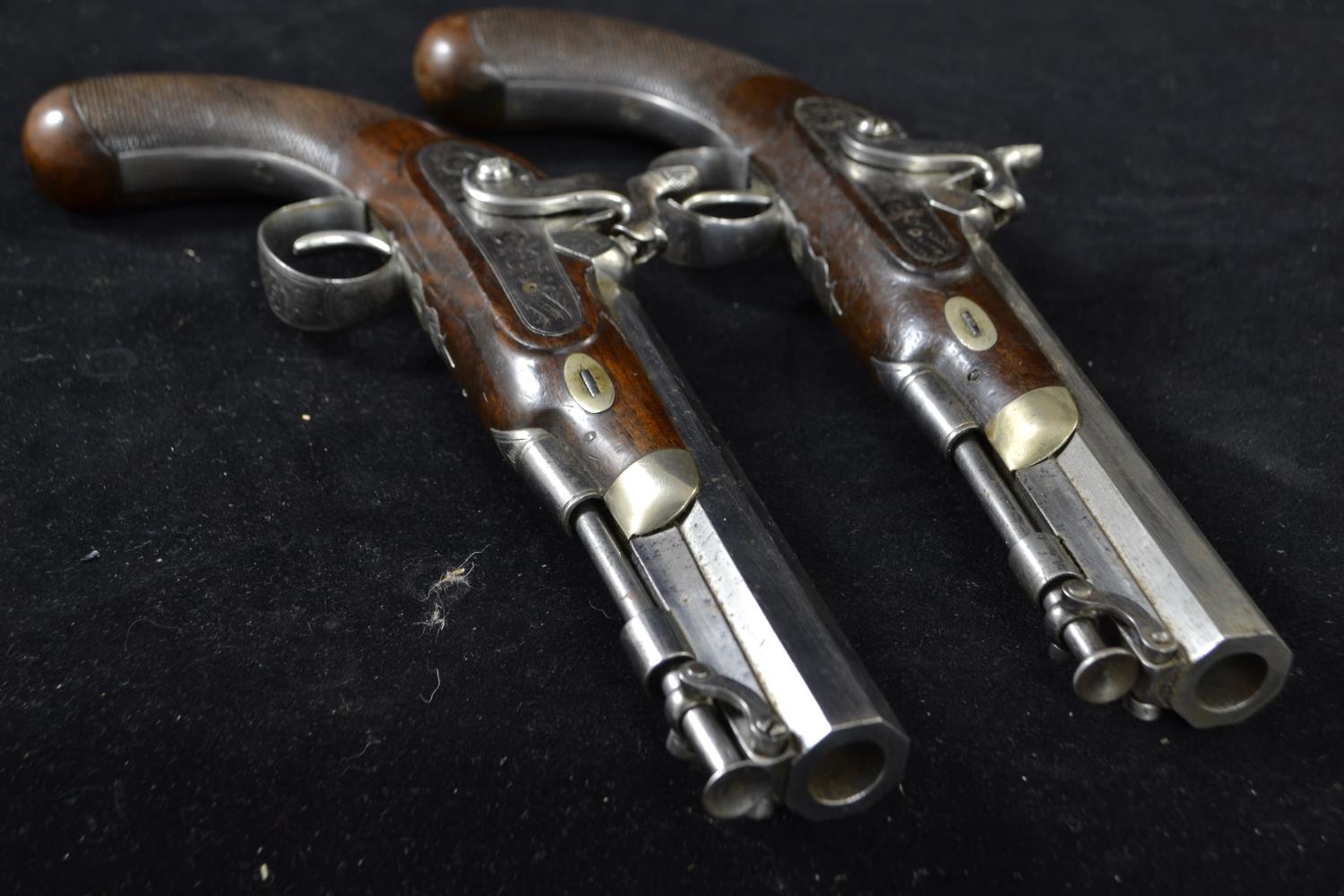 Pair of coaching type pistols, percussion cap, pepperbox butts marked Smith. In custom made case. Vi - Image 16 of 18