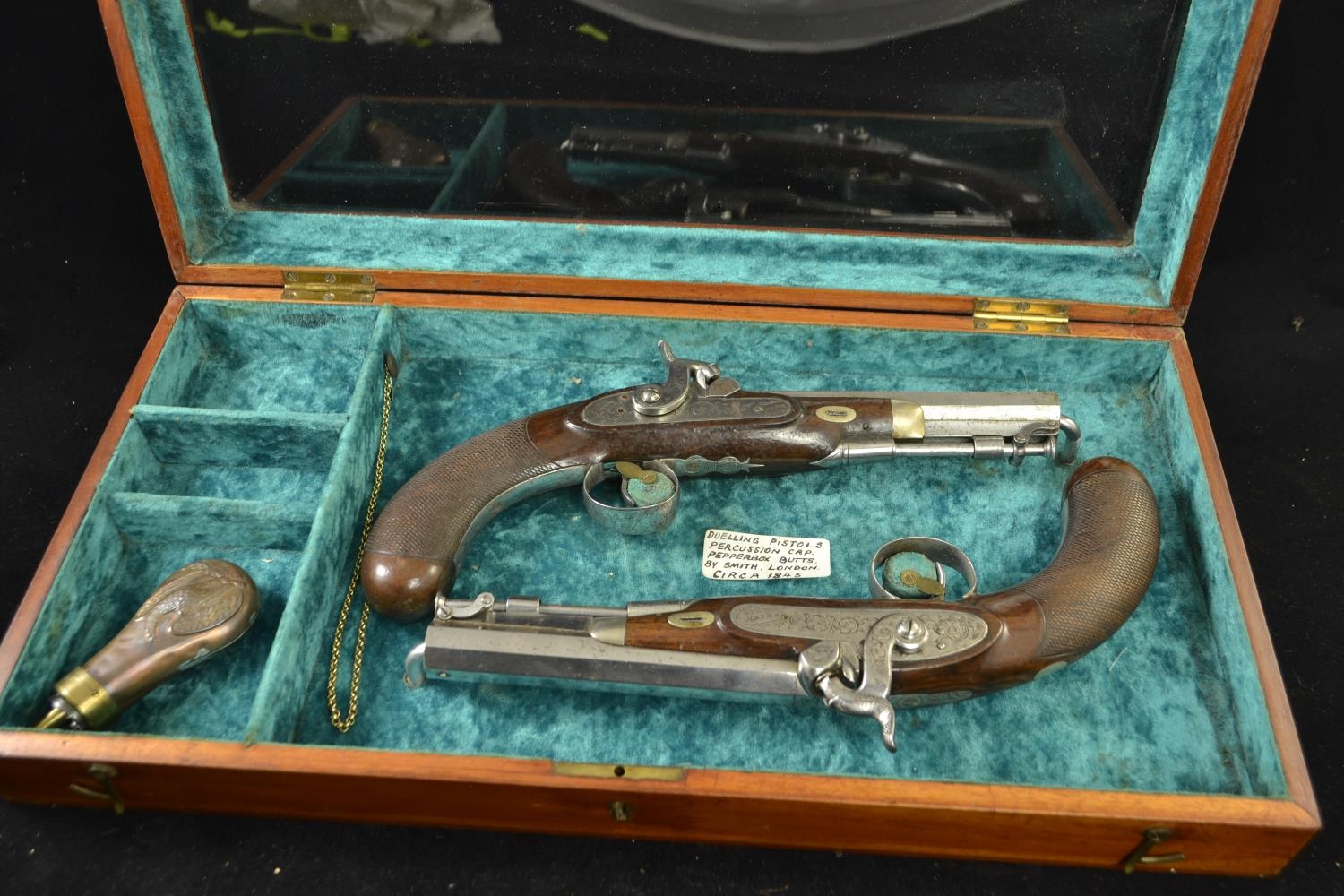 Pair of coaching type pistols, percussion cap, pepperbox butts marked Smith. In custom made case. Vi