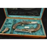 Pair of coaching type pistols, percussion cap, pepperbox butts marked Smith. In custom made case. Vi