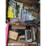 Box of Airfix kits & box of railway carriages etc