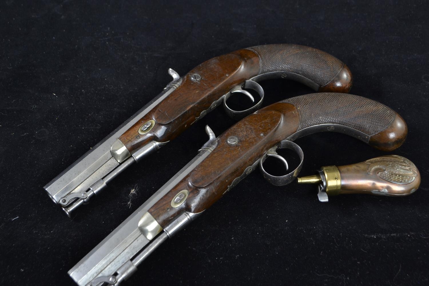 Pair of coaching type pistols, percussion cap, pepperbox butts marked Smith. In custom made case. Vi - Image 4 of 18