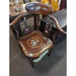 Elegant Rosewood Mother of Pearl inlaid corner chair, full height 89 cms, seat ht 49 cms