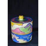 Clarice Cliff Fantasque Bizarre 'Gibraltar' pattern cylindrical preserve pot and cover, printed fact