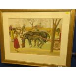 Warren Storey, British (1924-2008) gouache painting of horses and carts, signed and dated '55, lower