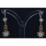 Pair of 14ct gold & opal pendant earrings, with hinged hook fittings, length 35mm, gross weight 4.45
