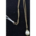 9ct gold with drop faux pearl pendant, length 52cm, 2.6 grams (chain only)