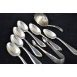 Set of six silver coffee spoons & pair of sugar nips, maker Daniel & Arter, Birmingham 1922, togethe