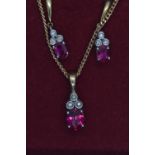 9ct gold, ruby & diamond pendant with chain & pendant earrings set, pendant length 21mm, earrings le