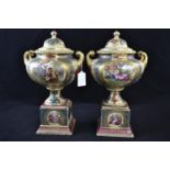 Pair of Vienna style porcelain twin-handled urns & covers, painted & printed with classical scenes,