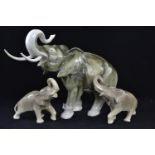 Large Royal Dux elephant & two small elephants marked Western Germany