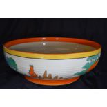 Clarice Cliff large ribbed bowl, circa 1932, in Orange Roof Cottage design with printed Bizarre Fant