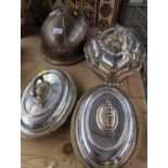 Three silver plated tureens and an Indian silver plated cloche