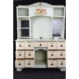 Tri-Ang wooden stores display with thirteen drawers with produce labels, shelf unit with glazing and