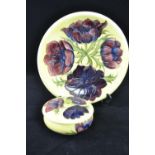 Moorcroft yellow 'Anemone' design pot and cover, lid dia. 13cm together with plate dia. 26cm, impres