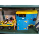 Two Sindy dolls with horse box, jeep and carriage/trap and horse & accessories