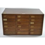 Eighteen drawer teak indexing unit, W59 x D35 x H34cm