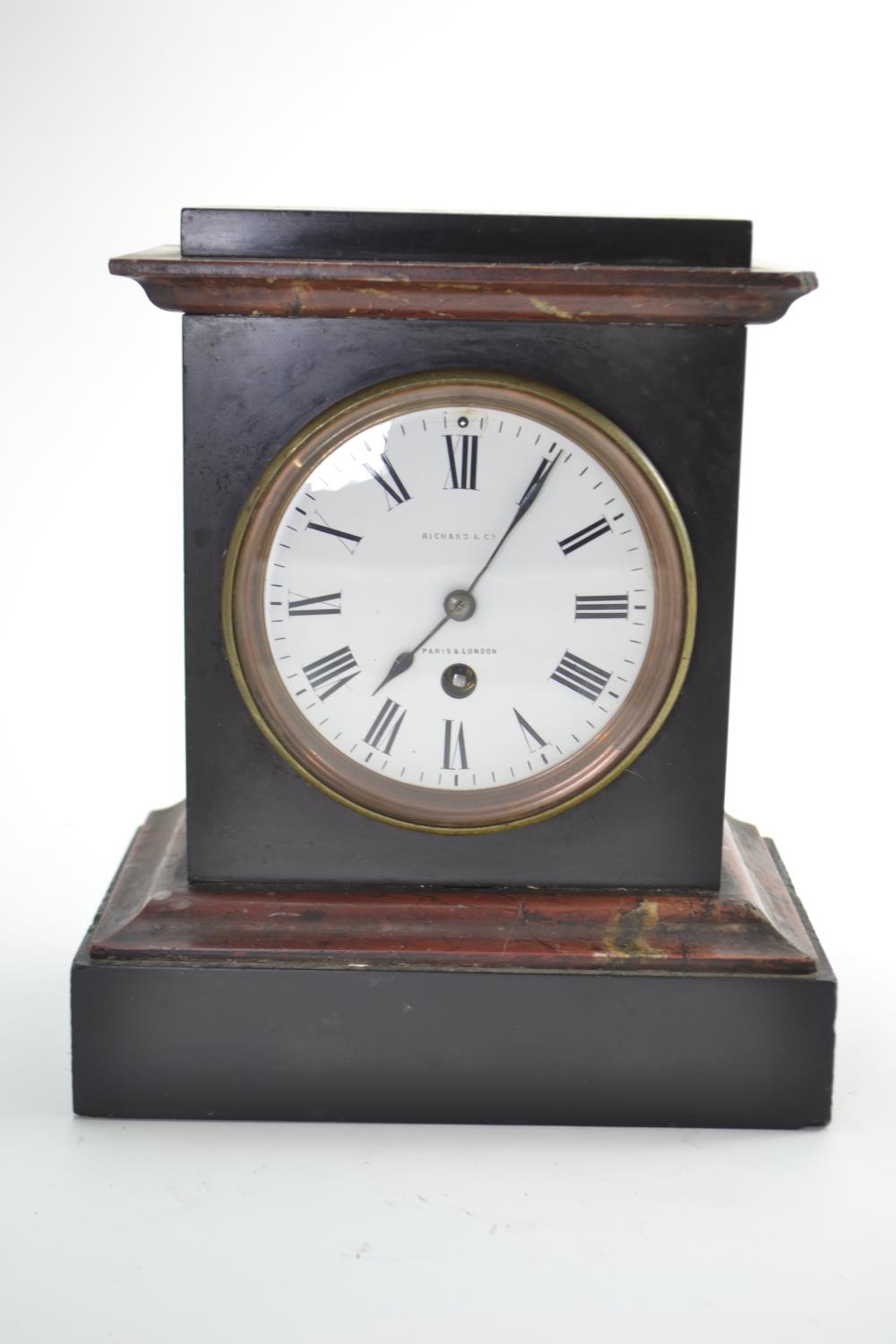 C19 marble mantle clock, by Richard & Co, Paris & London. W22cm H26cm D14cm 