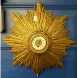 Early C20th plaster sunburst wall clock, original movement has been converted to quartz, depth 12cm